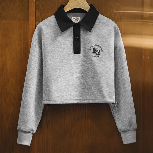 Premium Women's Retro Polo Sweatshirt – Embroidered Crop Pullover for Sporty Streetwear Looks